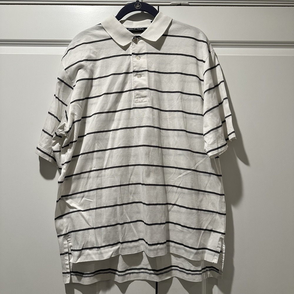 Polo Golf Ralph Lauren Mens M Pima Cotton Striped Polo Shirt White Navy Blue